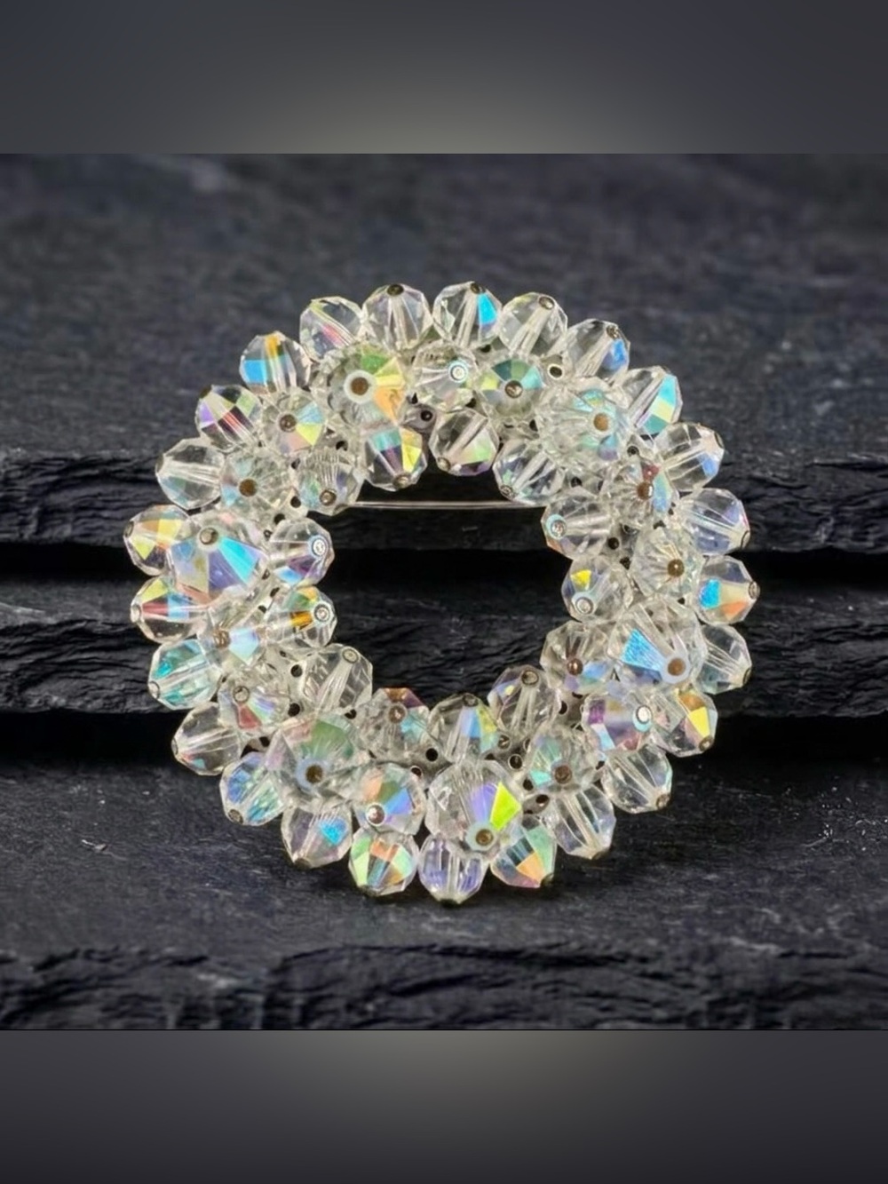 Vintage 50s Retro Aurora Borealis Faceted Crystal Bead Wreath Circle Brooch Pin